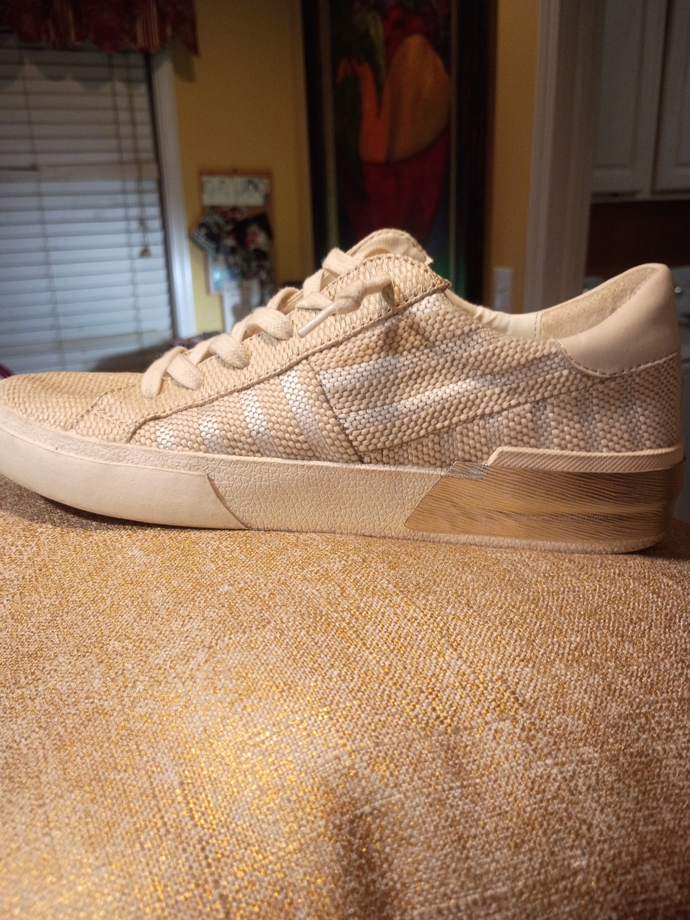 Dolce Vita Zena Women's Beige Patch Sneakers with Gold Strip Around Heels
